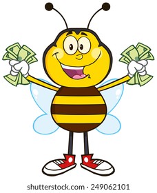 Happy Bee Cartoon Mascot Character With Cash.Vector Illustration Isolated On White