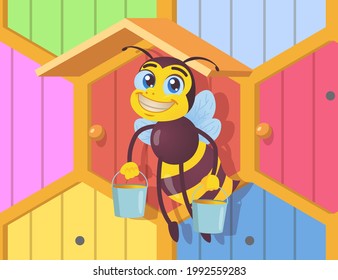 Happy bee character holding buckets of honey. Black and yellow insect with wings carrying delicious nectar in front of wooden beehive cartoon vector illustration. Agriculture, beekeeping concept