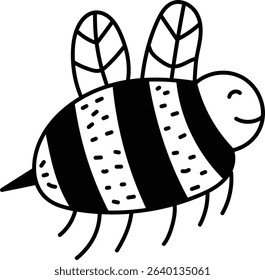 A happy bee is drawn in a hand-drawn style with bold lines and simple patterns.  This adorable insect has striped body and small legs, perfect for kids' projects. Cartoon vector illustration