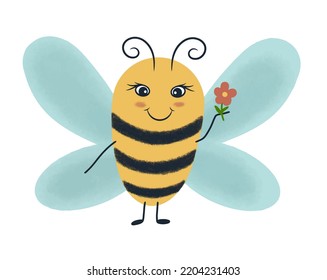 A happy bee flies with a flower in his hand.