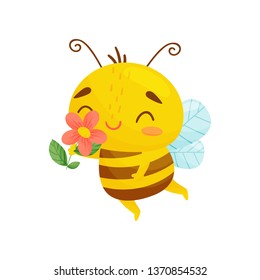Happy bee with flower in hand. Vector illustration. Cartoon style.