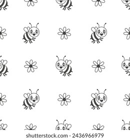 Happy bee and flower seamless pattern in doodle style. Cute insect background with nature elements. Cartoon childish repeat vector illustration for kids garden summer decoration