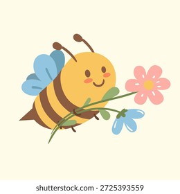 Feliz abelha voando com uma flor em suas mãos. Doce ilustração para projetos ecológicos, livros infantis, adesivos e desenhos sazonais animados.