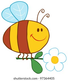 Happy Bee Flying With Flower. Jpeg version also available in gallery.