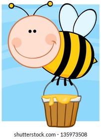 Happy Bee Flying With A Honey Bucket