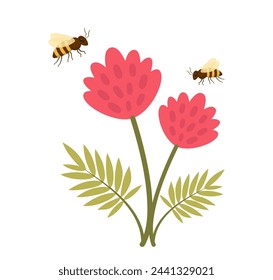 Happy bee flying. Honey bee flying to the flowers collecting nectar. Vector illustration