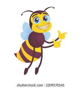 Happy bee. Funny character, bumblebee flying, carrying honey, waving hello at hive isolated on white. Vector illustrations for beekeeping, honey production, cartoon character concept