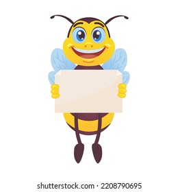 Happy bee. Funny mascot character, bumblebee flying, carrying honey, waving hello at hive isolated on white. Vector illustrations for beekeeping