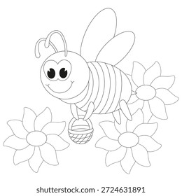Glückliche Biene, die einen Nektarkorb hält und von Blume zu Blume fliegt. Cartoon, Vektorgrafik für Kinderunterhaltung, Malbuch, Druck. Schwarz und weiß.