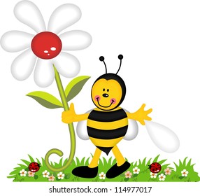 Happy bee holding flower in garden