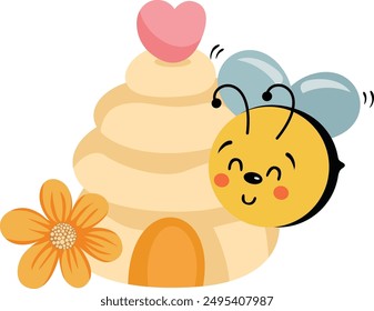 Happy bee with honey hive

