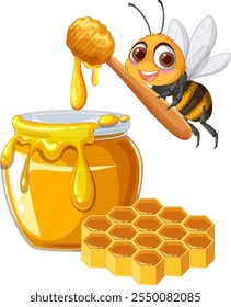 A happy bee with honey jar and comb