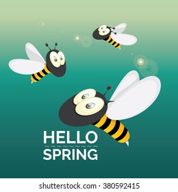 happy bee icon. cartoon bee logo. Hello spring vector background with sunny sky and baby bee flying