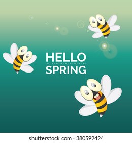 happy bee icon. cartoon bee logo. Hello spring vector background with sunny sky and baby bee flying