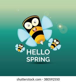 happy bee icon. cartoon bee logo. Hello spring vector background with sunny sky and baby bee flying