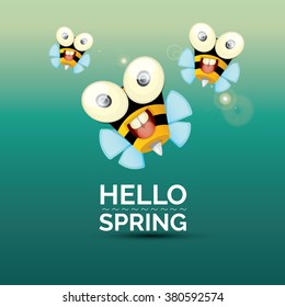 happy bee icon. cartoon bee logo. Hello spring vector background with sunny sky and baby bee flying