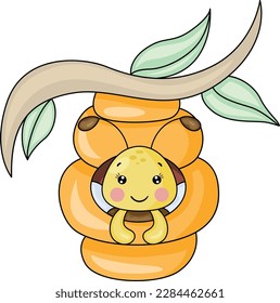 Happy bee inside on honey hive
