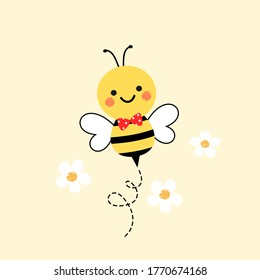 Happy bee and little flower isolated on yellow background vector illustration. Cute cartoon character.