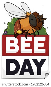 Happy bee with loose-leaf calendar and a bush with flower behind it, celebrating Bee Day.