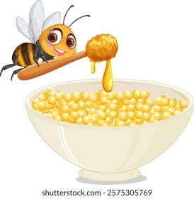 A happy bee pouring honey over cereal