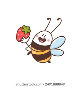 Abeja feliz con fresa madura. Caricatura de abeja sonriente divertida. Feliz abejorro o avispa. Ilustración vectorial de color aislado sobre fondo blanco