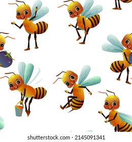 Happy bee. Seamless pattern. Invitation gesture. Wildlife object. Little funny insect. Cute cartoon style. Isolated on white background. Vector.
