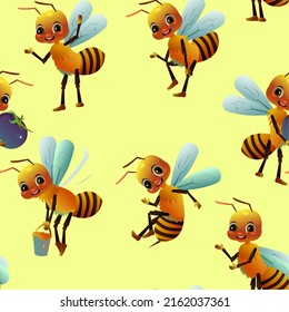 Happy bee. Seamless pattern. Invitation gesture. Wildlife object. Little funny insect. Cute cartoon style. Vector.