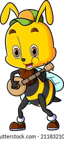 The happy bee is singing and playing the banjo of illustration
