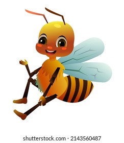 Happy bee sits. Wildlife object. Little funny insect. Cute cartoon style. Isolated on white background. Vector.