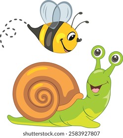 Happy bee and snail are best friends. Vector