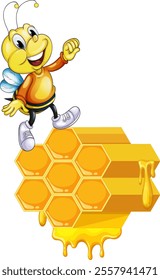 A happy bee standing on dripping honeycomb