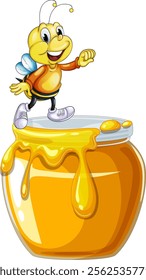 A happy bee standing on a honey jar