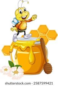 A happy bee stands on a honey jar