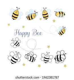 Happy bee vector illustration four flying bee illustration, in color and black and white, vector illustrations set.