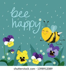 Happy Bee Vector Illustration. Hand Lettered Text with Bees. Vector postcard
