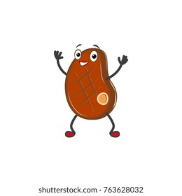 Happy beef, pork steak, meat character with smiling human face, cartoon vector illustration isolated on white background. Cartoon smiling humanized steak character, mascot raising hands