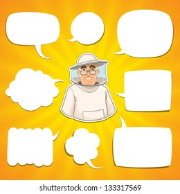 happy beekeeper with dialog balloons.