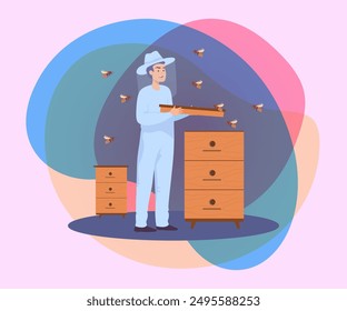Happy beekeeper opening beehive in apiary. Male apiarist, bees and langstroth hives flat vector illustration. Agriculture, beekeeping concept