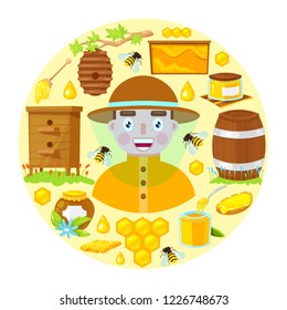 Happy beekeeper in protective clothes and with different objects of beekeeping. Vector illustration.