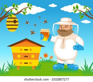 happy beekeeper in a protective suit in an apiary with a jar of honey in his hands
