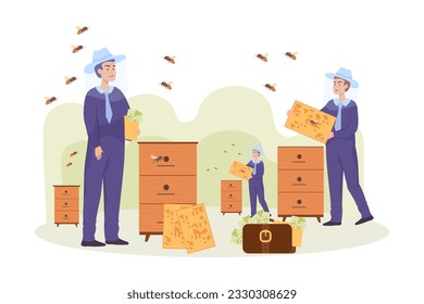 Happy beekeepers and bag with cash Vector illustration. Cartoon drawing of people growing bees for money, threat to species and ecology. Beekeeping, agriculture, commerce, ecology concept