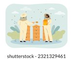 Happy beekeepers collecting honey vector illustration. Cartoon drawing of people growing bees in wooden beehives for product profit, species in danger. Beekeeping, nature, apiculture, ecology concept