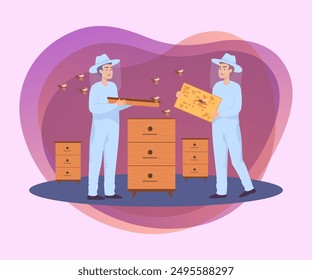 Happy beekeepers opening beehive in apiary. Male apiarists, bees and langstroth hives flat vector illustration. Agriculture, beekeeping concept