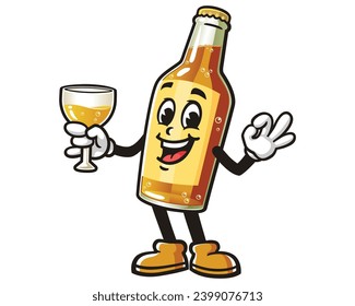 happy Beer Bottle is holding a glass cartoon mascot illustration character vector clip art