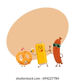 Happy beer bottle, pretzel and frankfurter sausage characters having party, cartoon vector illustration with space for text. Funny smiling beer bottle, pretzel, sausage characters celebrating