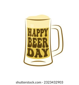 Grabación del Día de la Cerveza Feliz en taza de cerveza, tarjeta de saludo para la celebración del Día Internacional de la cerveza, ilustración vectorial