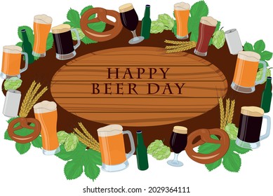 Happy beer day wooden signboard decorated with beer items vector illustration