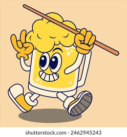 Happy Beer Mug Mascot Character holding Billiard Stick. Retro Flat Cartoon Style. Cartoon Funny Character. Vector Illustration for Logo, Mascot, Merchandise, T-shirt, Stickers, etc.
