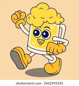 Happy Beer Mug Mascot Character. Retro Flat Cartoon Style. Cartoon Funny Character. Vector Illustration for Logo, Mascot, Merchandise, T-shirt, Stickers, etc.