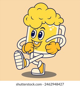 Happy Beer Mug Mascot Character. Retro Flat Cartoon Style. Cartoon Funny Character. Vector Illustration for Logo, Mascot, Merchandise, T-Shirt, Stickers, etc.